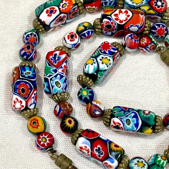 RARE Vintage Murano Millefiori Moretti Venetian Rectangle Glass Bead Necklace - Picture 3 of 11